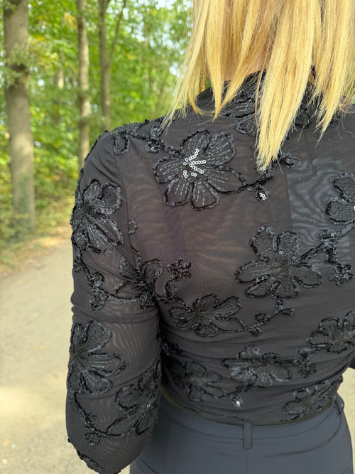 By Hilke Mesh Top Flower Black