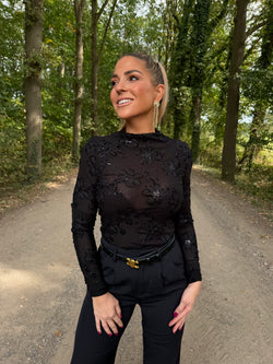 By Hilke Mesh Top Flower Black