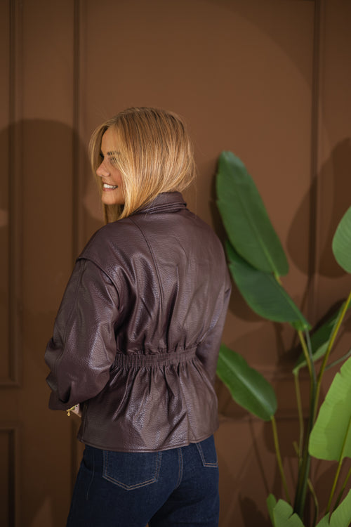 By Hilke Leather Peplum Jacket Bordeaux